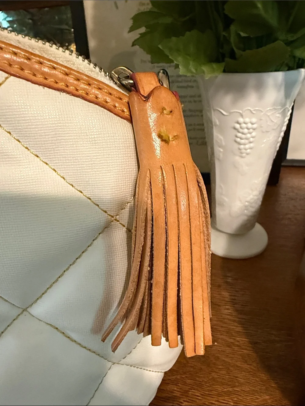 Dooney & Bourke White Quilted Satchel with Tan Leather Trim and Handles